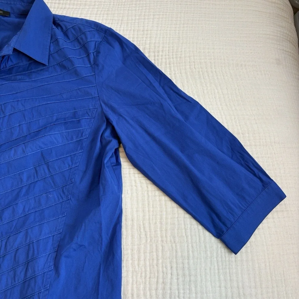 Lafayette 148 New York Shirt Womens 14 Blue Button Front Short Sleeve Career - Picture 4 of 10